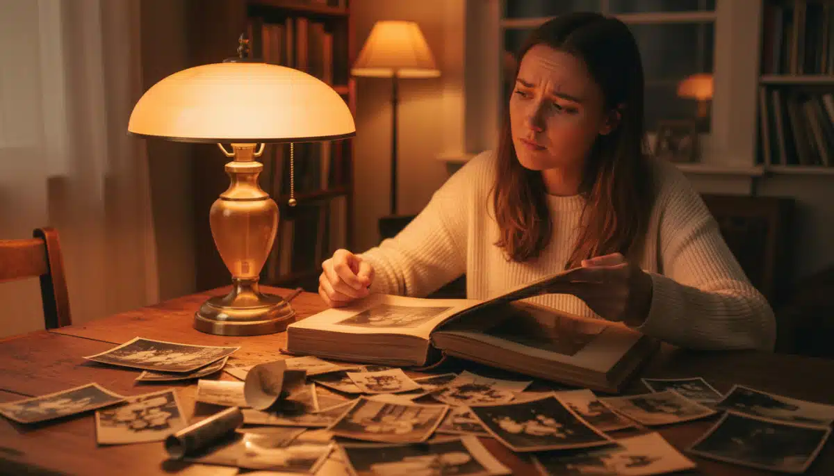 Jeune femme consultant un album photo de son enfance