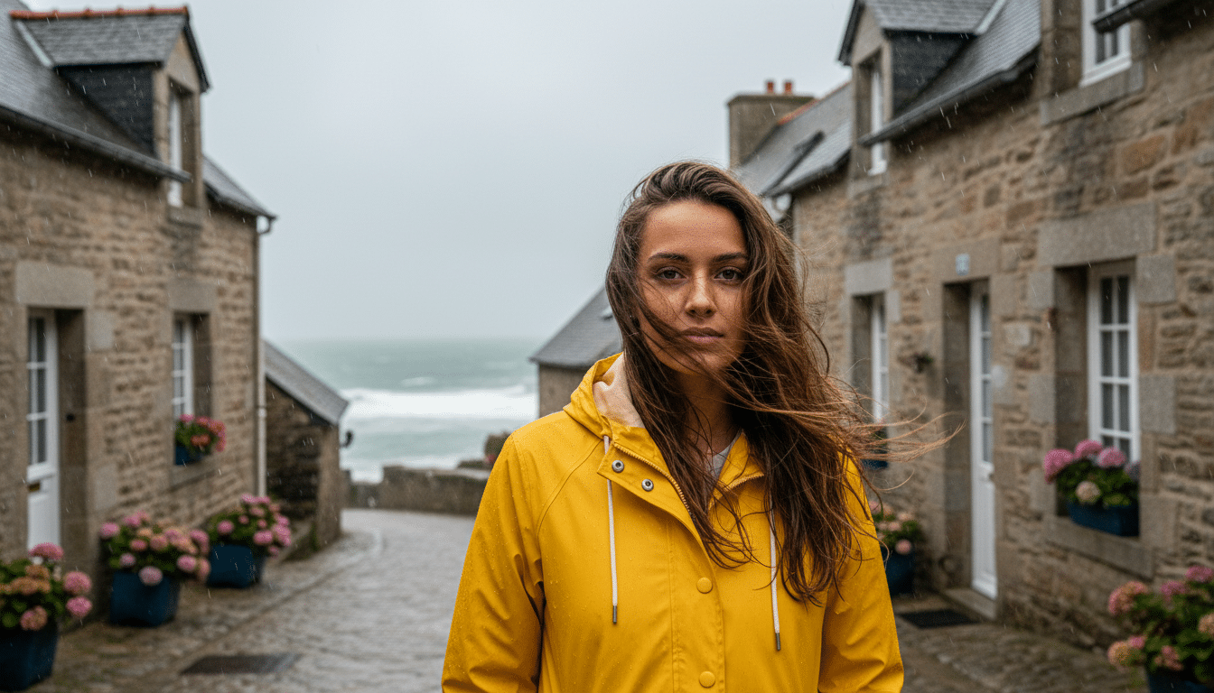 Jeune femme en imperméable jaune sous la pluie bretonne