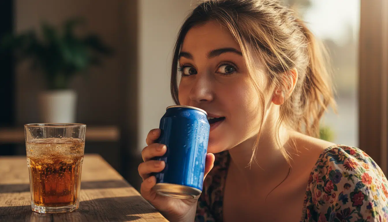 Jeune femme surprise en buvant un soda pétillant