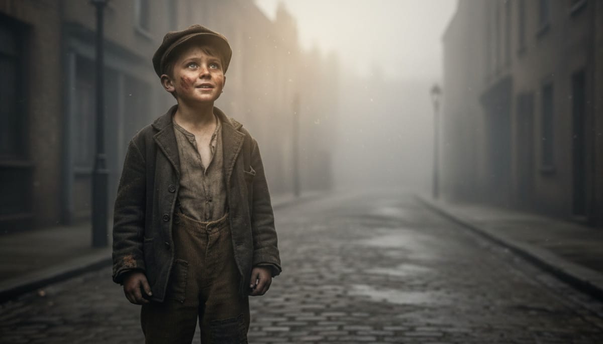 Jeune garçon pauvre dans les rues de Londres au début du XXe siècle