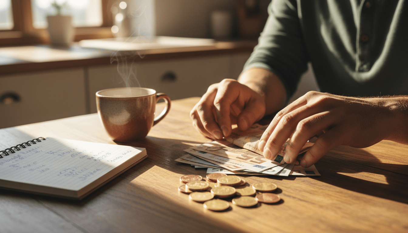Jeune homme comptant ses euros sur une table