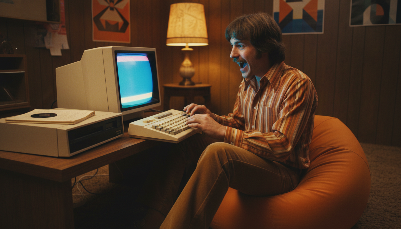Jeune homme découvrant l'Apple II dans les années 1970