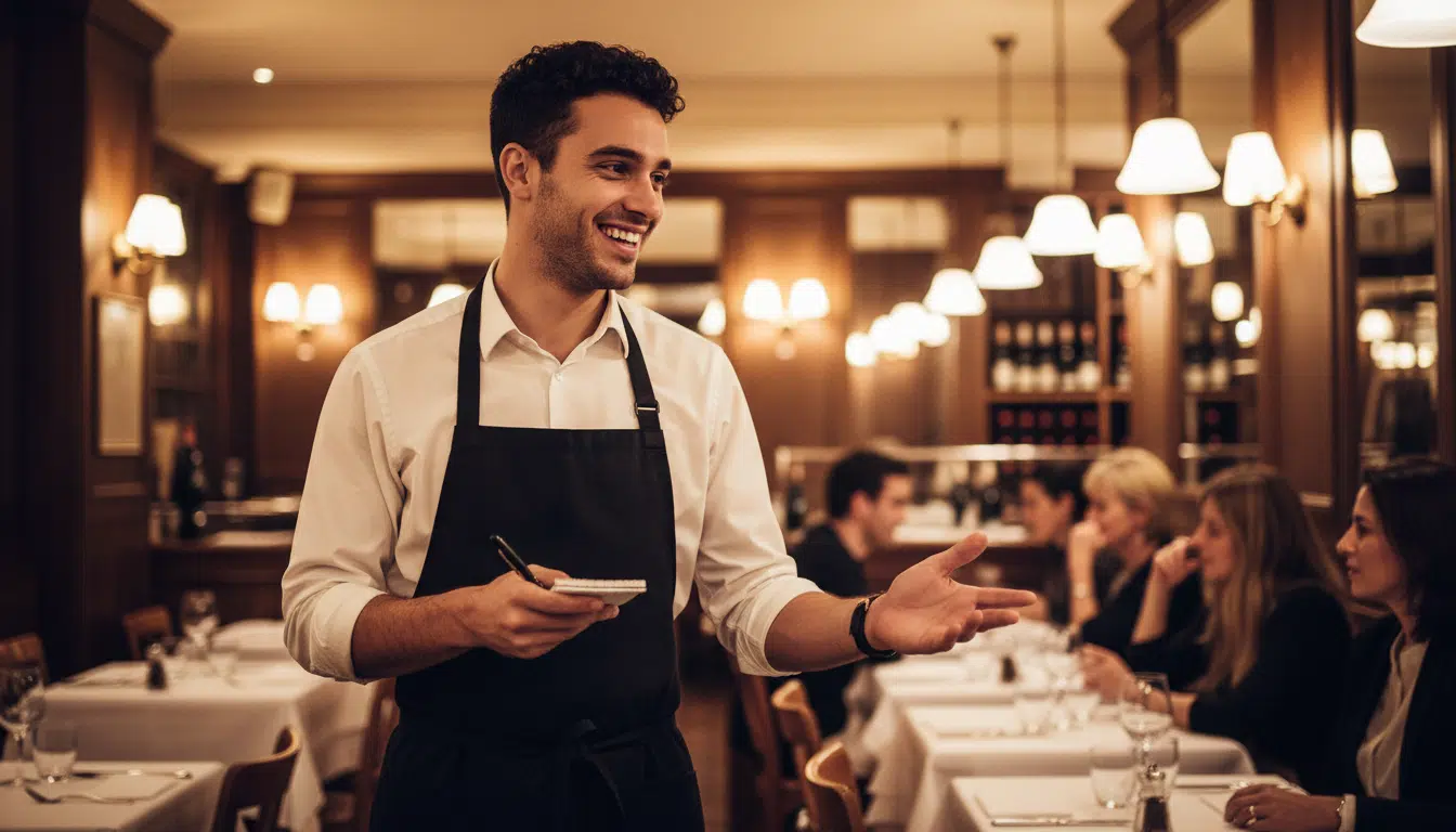 Jeune serveur souriant dans une brasserie parisienne