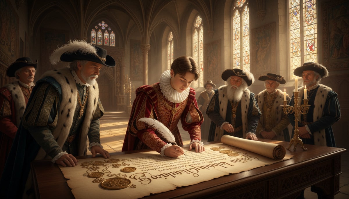 Jeune souverain signant un traité diplomatique au XVIe siècle