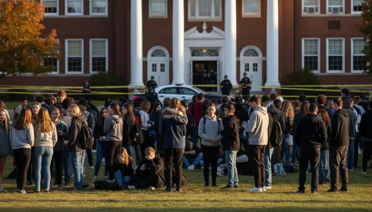 Jeunes devant un lycée américain après une tragédie, lumière dorée