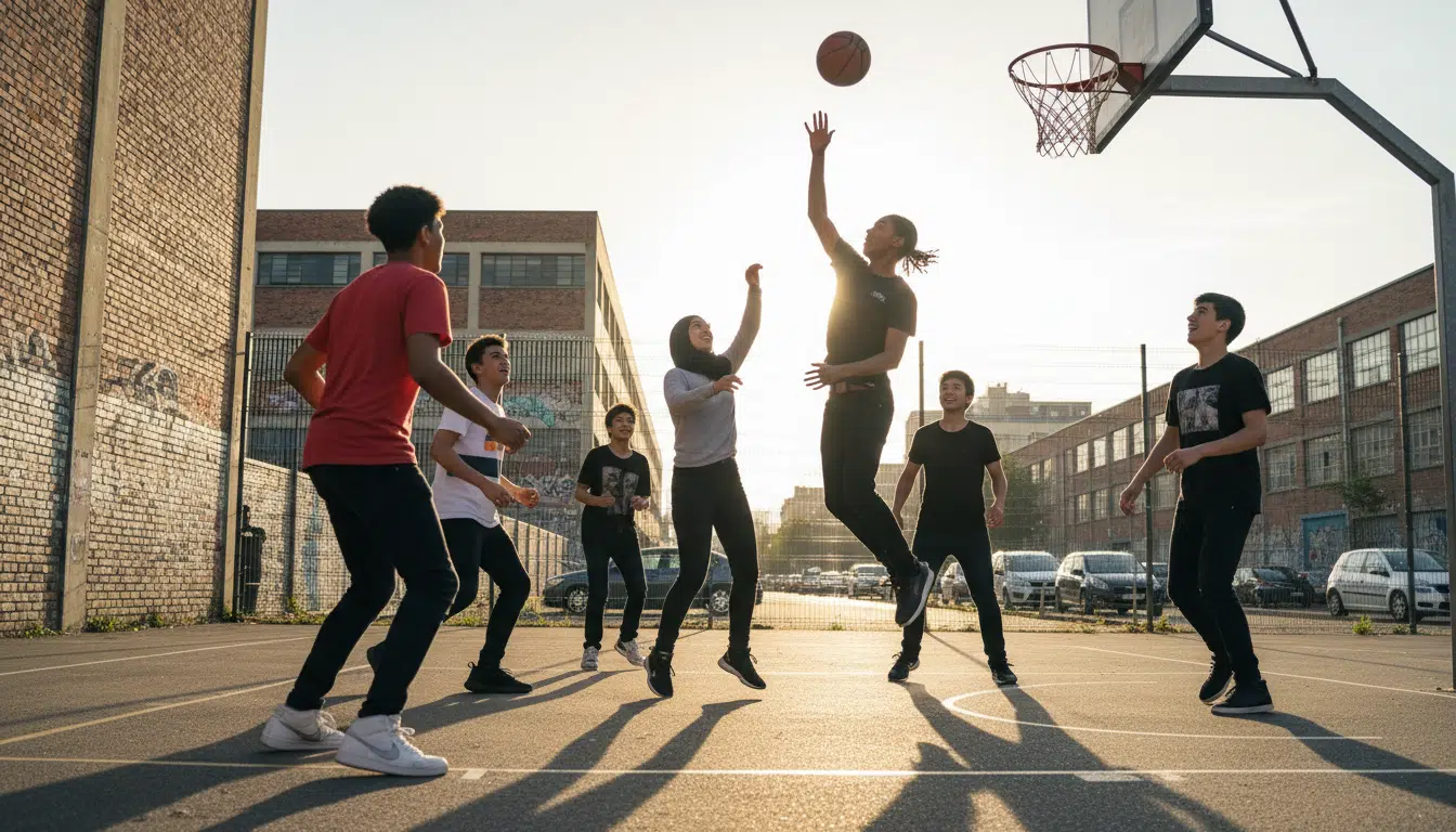 Jeunes jouant au basketball sur un terrain urbain