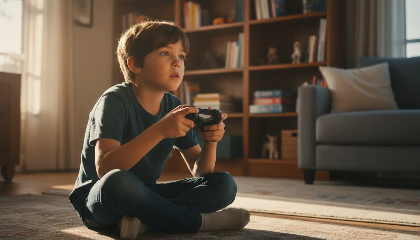 Enfant concentré jouant aux jeux vidéo dans un salon