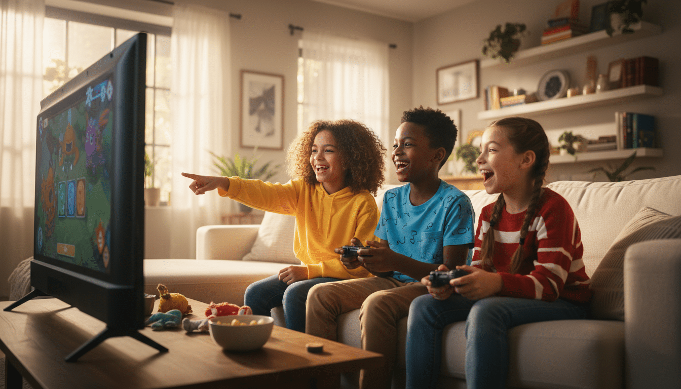 Groupe d'enfants jouant ensemble aux jeux vidéo