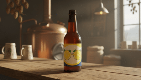 Bouteille de bière artisanale John Lemon avec lunettes citron