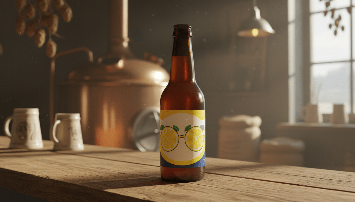 Bouteille de bière artisanale John Lemon avec lunettes citron