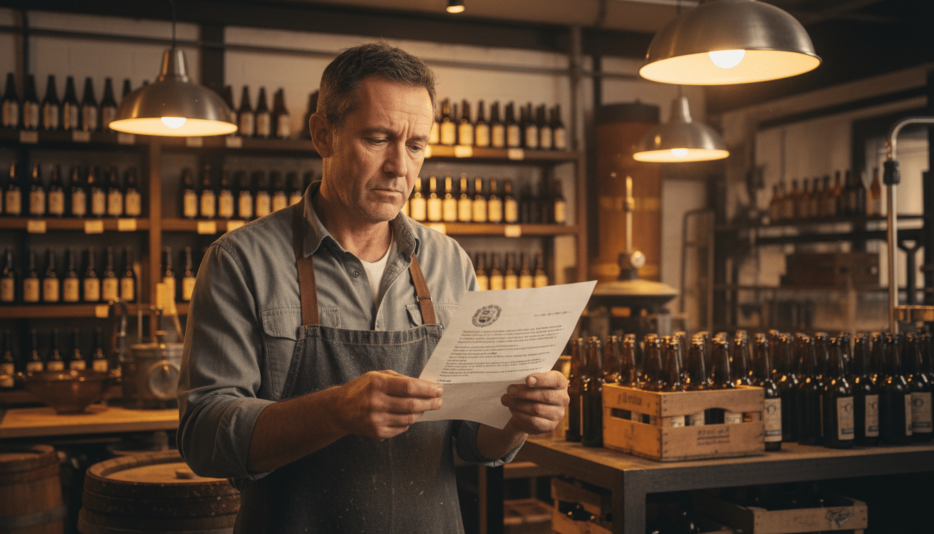 Brasseur breton lisant une mise en demeure dans son atelier