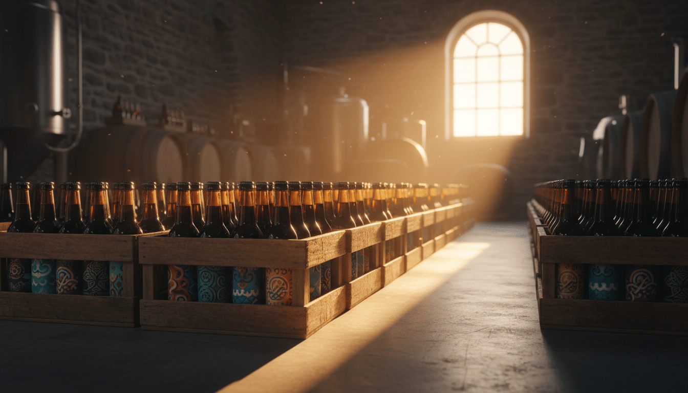 Stock de bouteilles de bière artisanale dans une brasserie bretonne