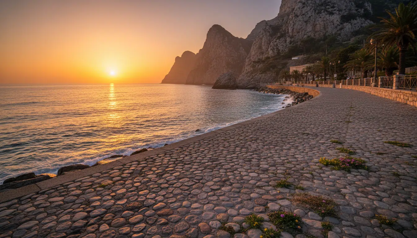 La promenade longeant le golfe d'Ajaccio au lever du soleil, cadre de l'escapade corse du couple