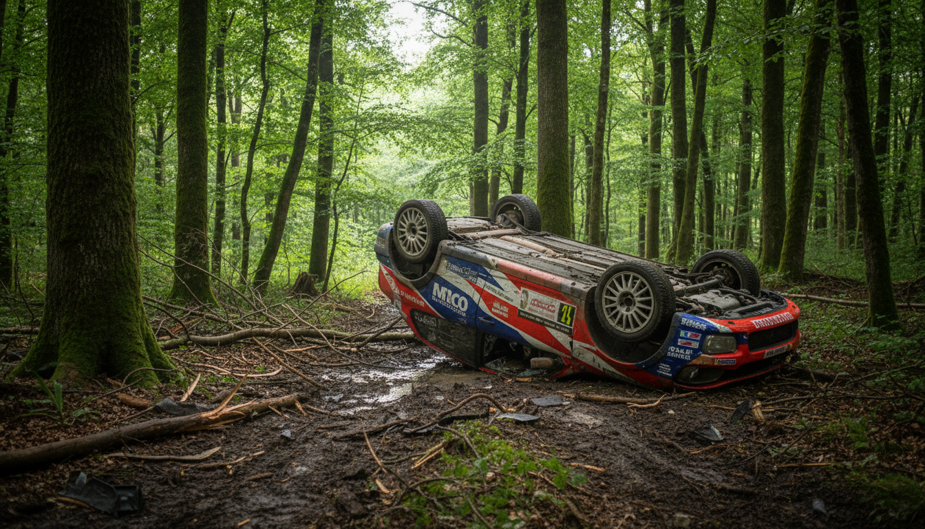 Voiture de rallye retournée sur le toit en forêt belge