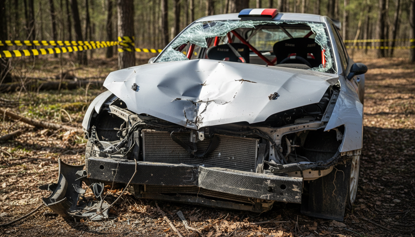 Épave d'une voiture de rallye après un violent accident en forêt
