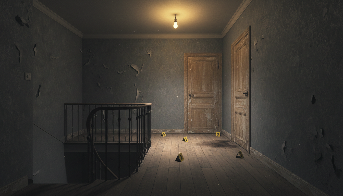 Cage d'escalier sombre d'un immeuble parisien cinquième étage