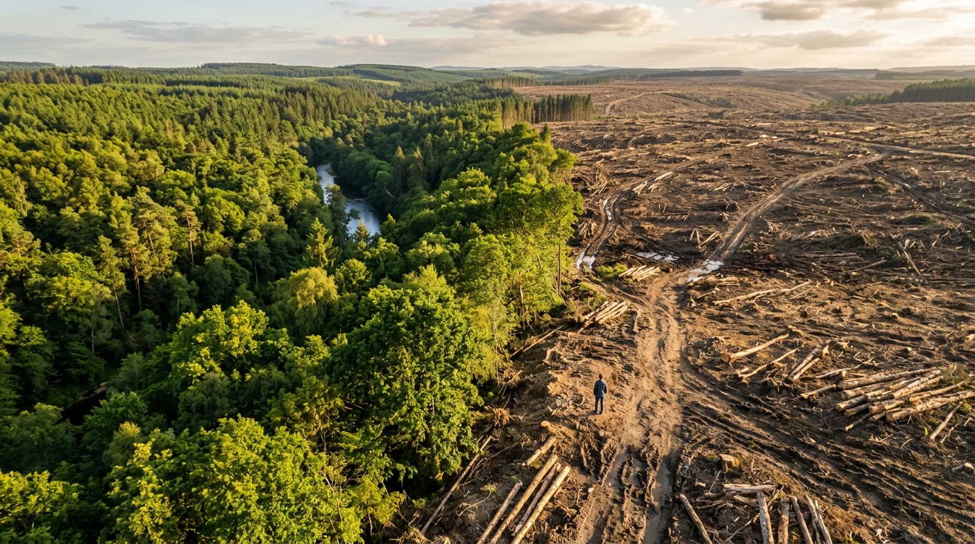 Contraste entre forêt verdoyante et terre déboisée vue aérienne