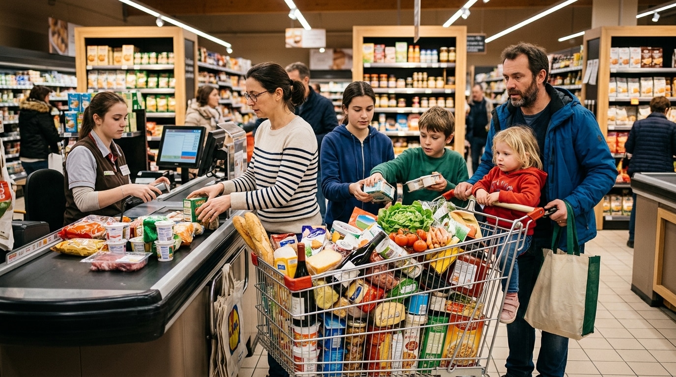Famille française avec caddie de courses plein au supermarché