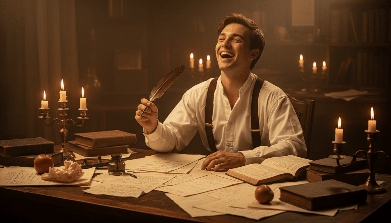 Journaliste du XIXe siècle écrivant une blague dans un journal