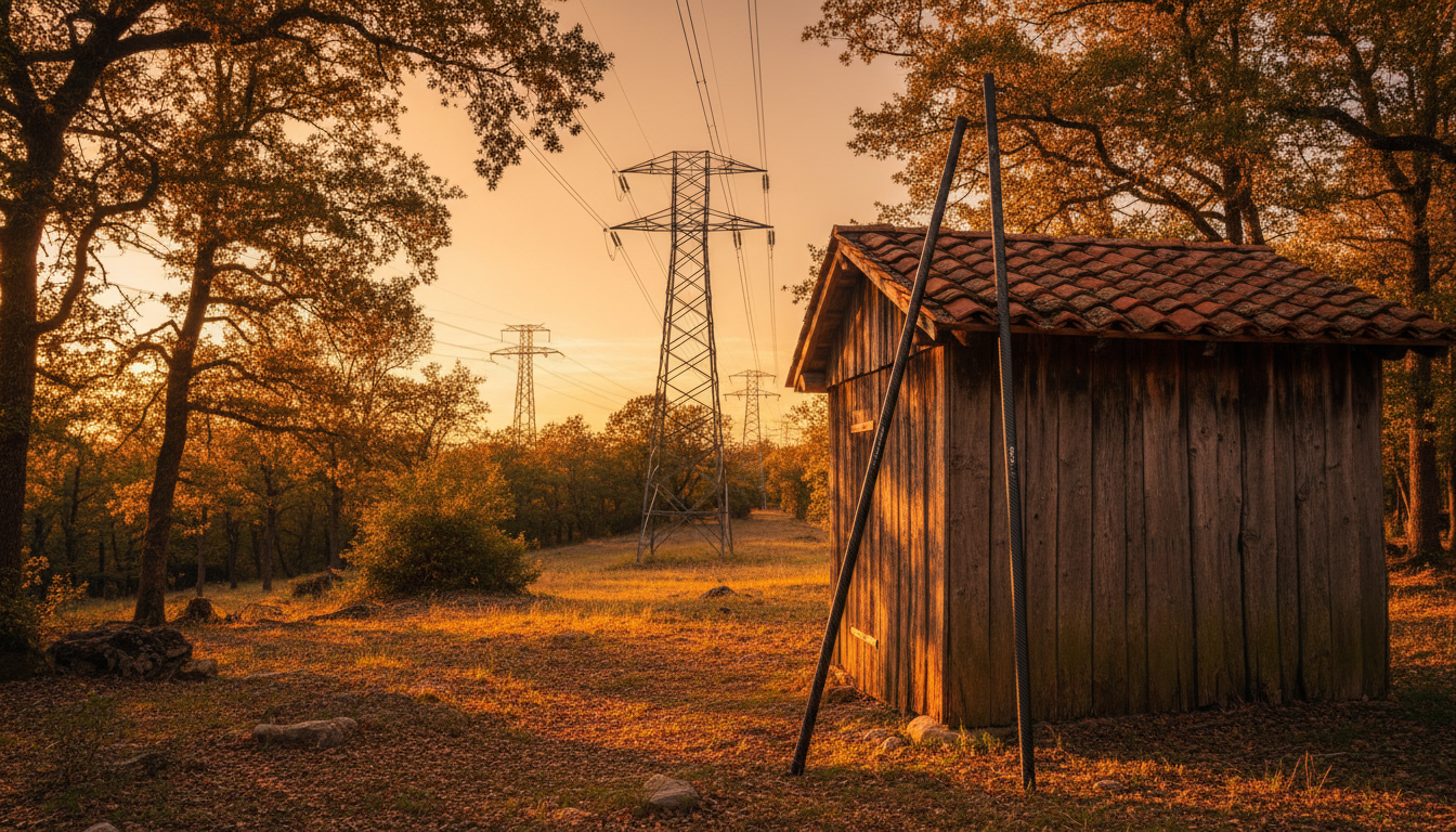 Perche en carbone près d'une ligne électrique en forêt