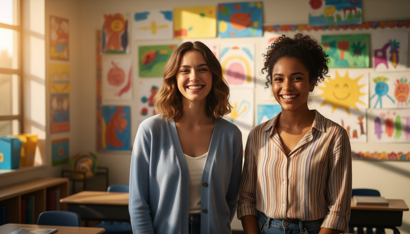 Deux jeunes femmes souriantes dans une salle de classe
