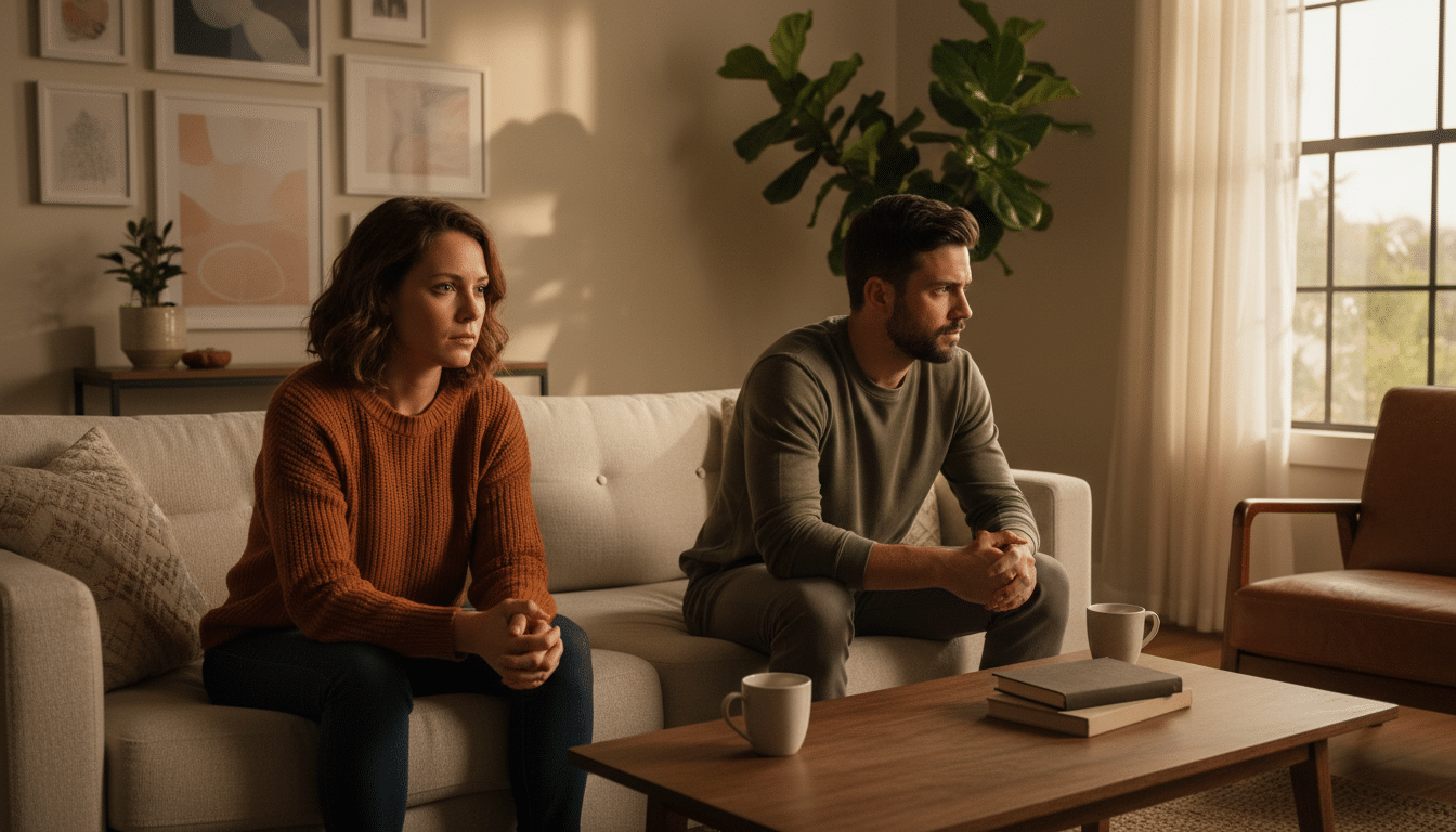 Couple tendu assis à distance sur un canapé