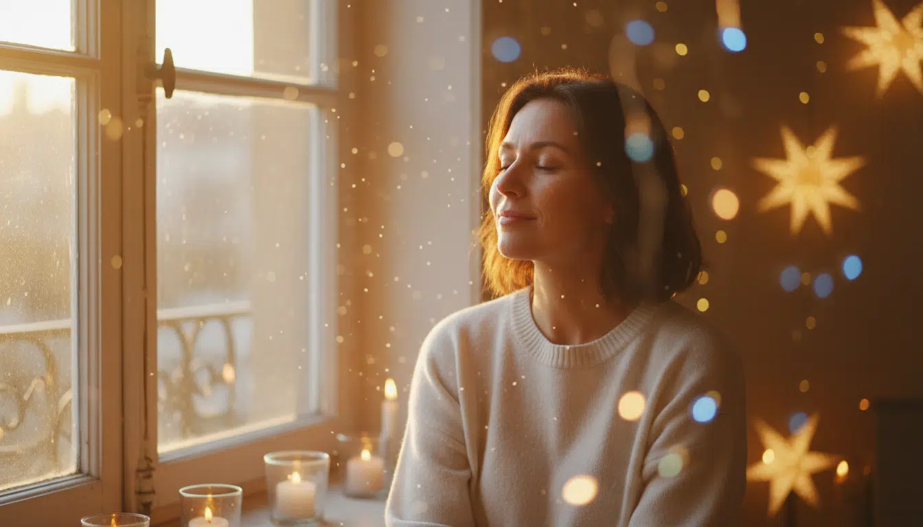 Personne baignée de lumière dorée dans une ambiance mystique
