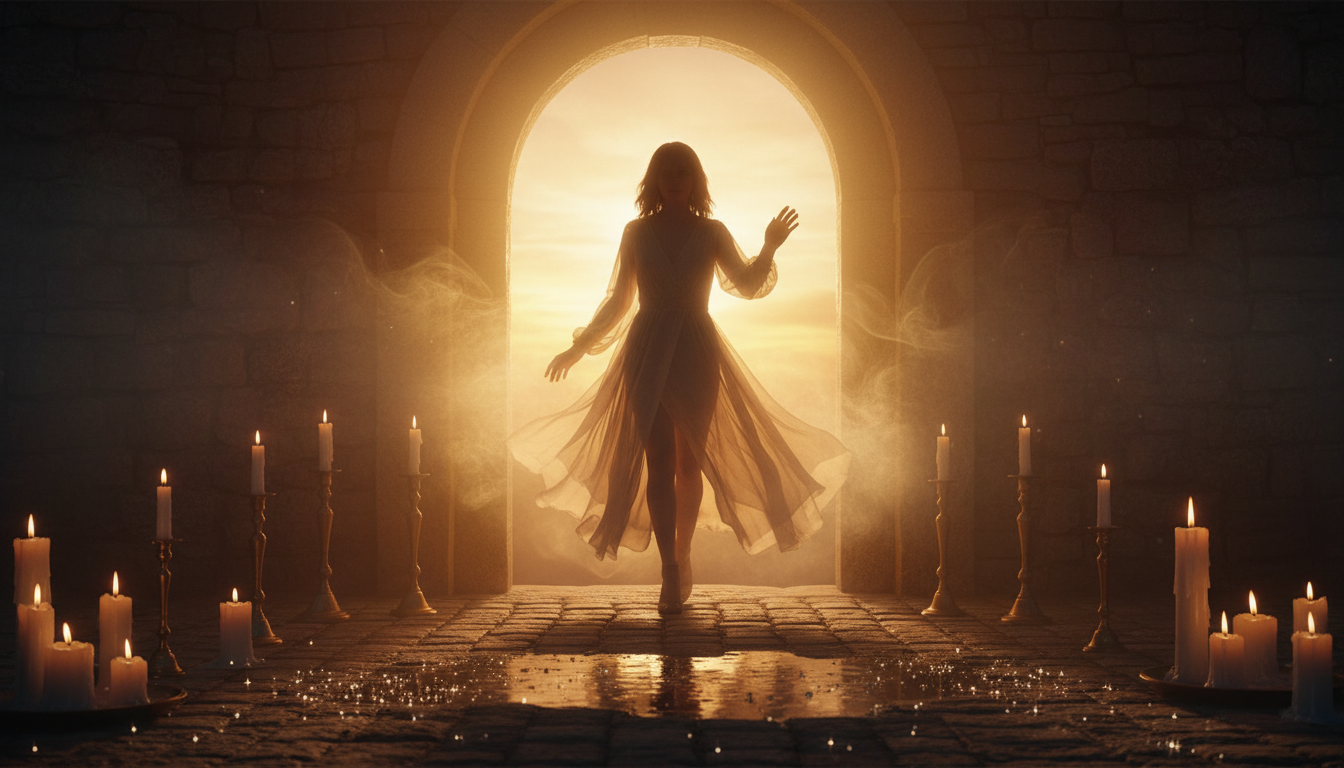 Femme franchissant un seuil lumineux symbolisant une opportunité