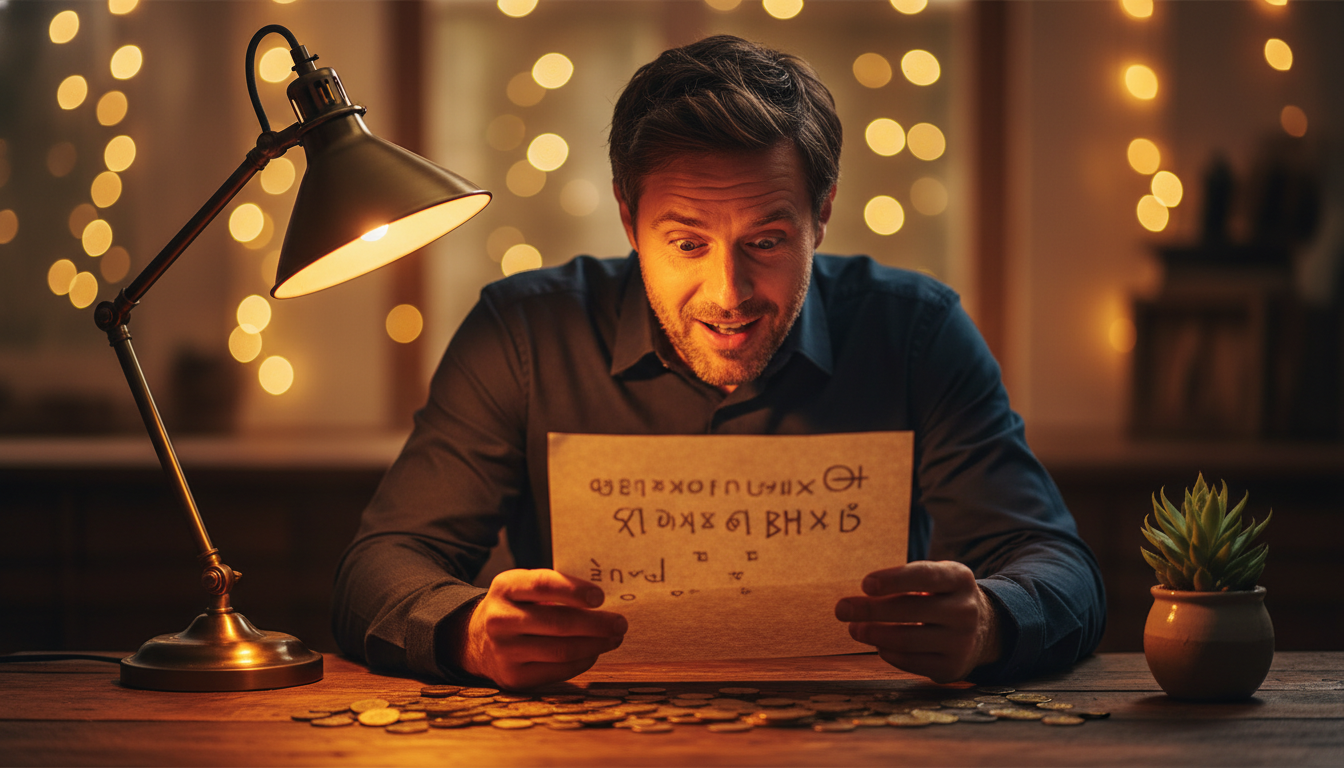 Homme découvrant une bonne nouvelle financière à son bureau