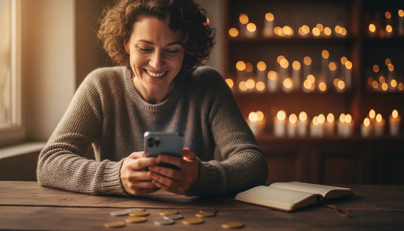 Personne souriante consultant ses finances sous lumière dorée