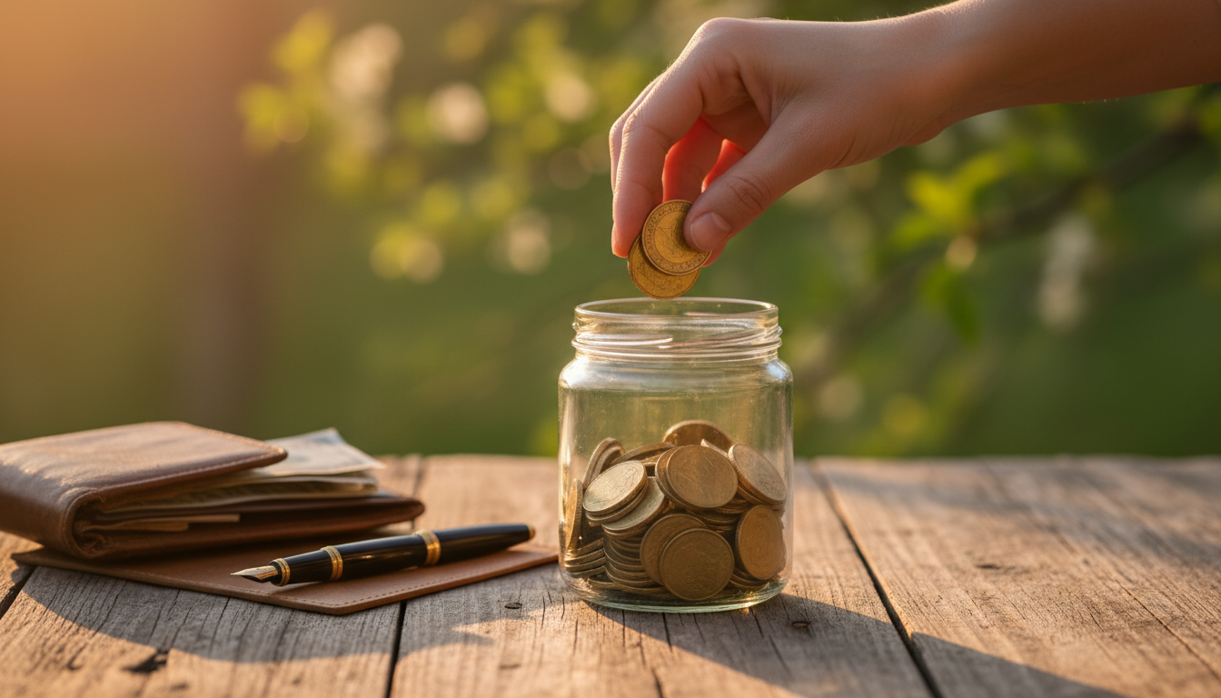 Mains déposant des pièces d'or dans un bocal en verre