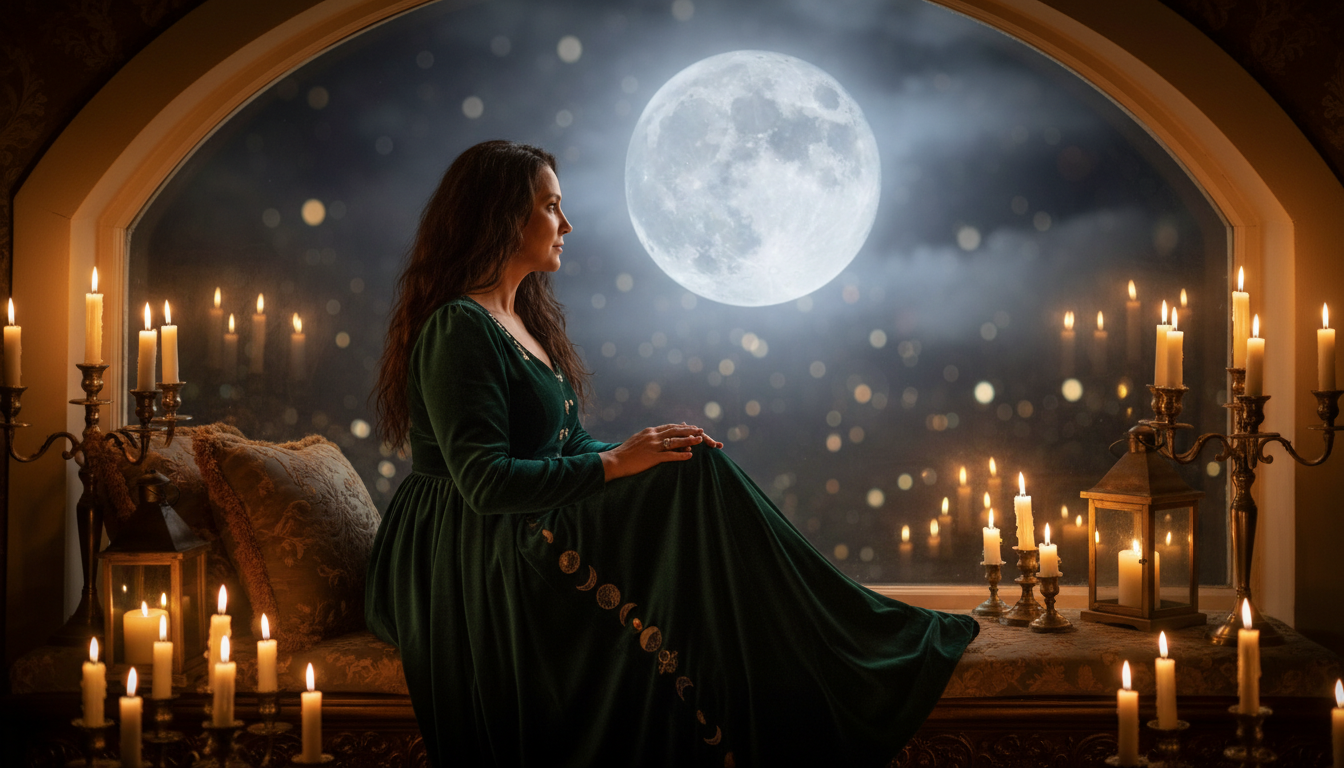 Femme contemplant la pleine lune dans une ambiance mystique dorée