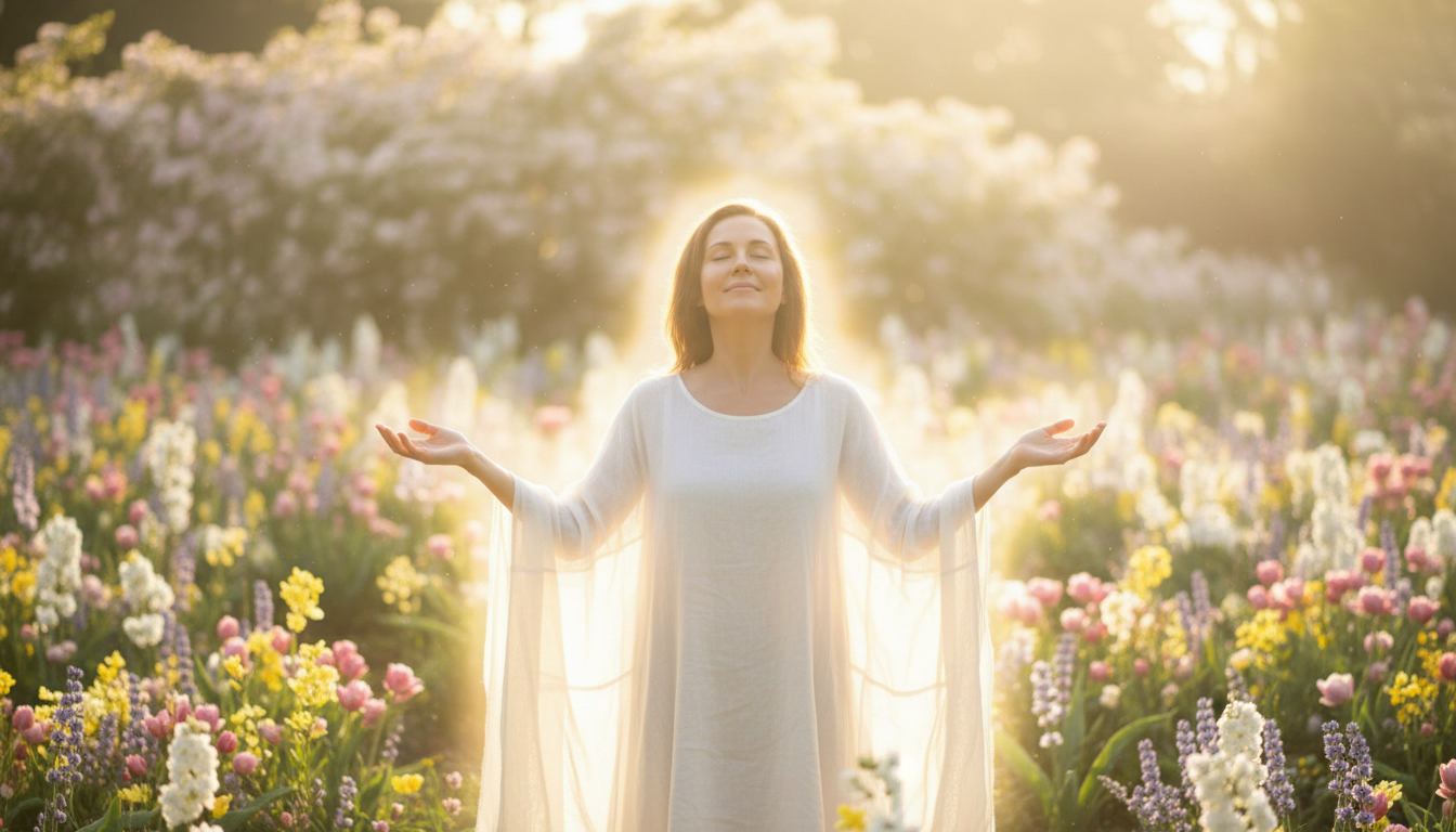 Personne baignée de lumière dorée dans un jardin fleuri