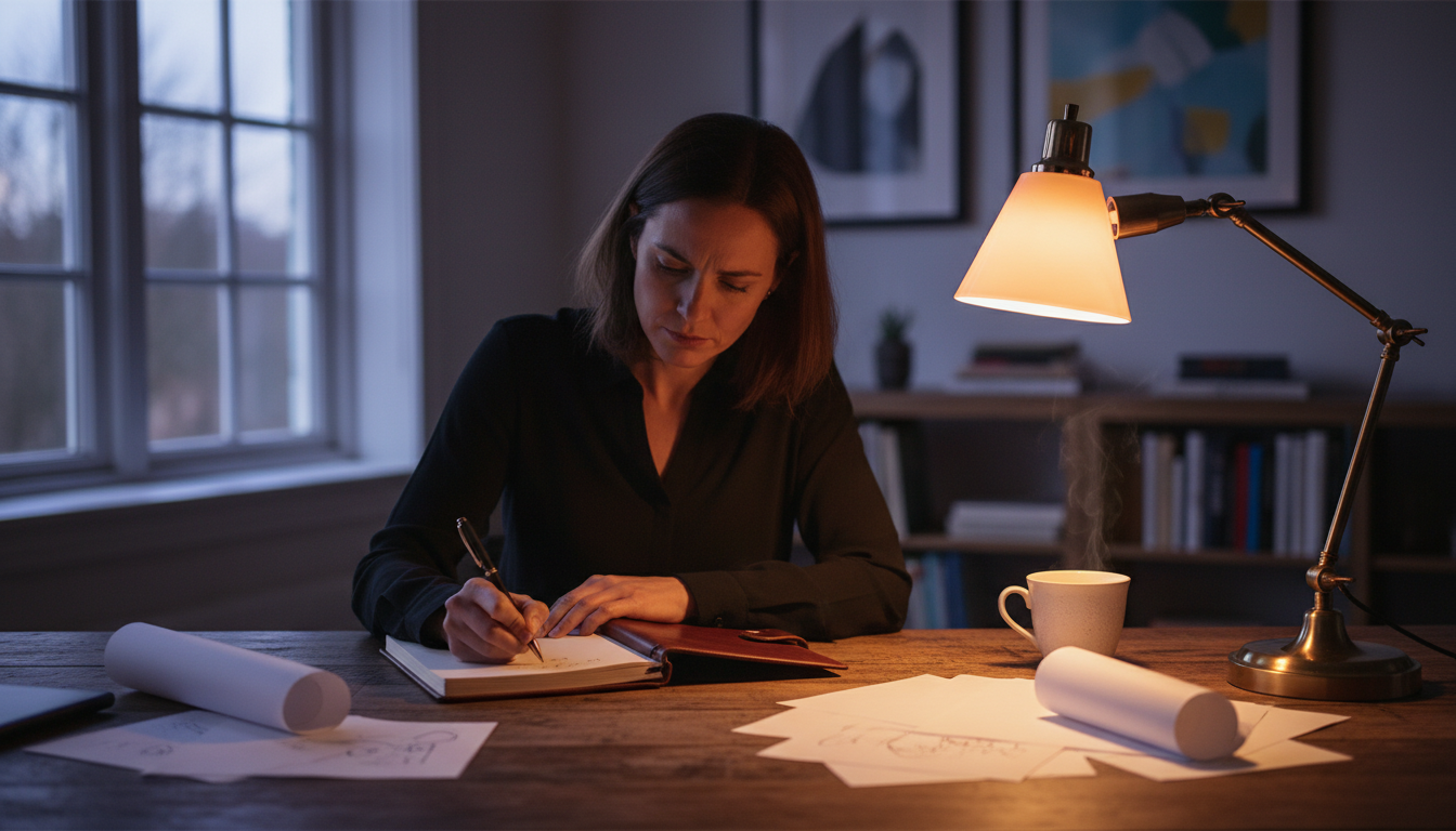 Femme concentrée écrivant dans un carnet sous une lumière chaleureuse