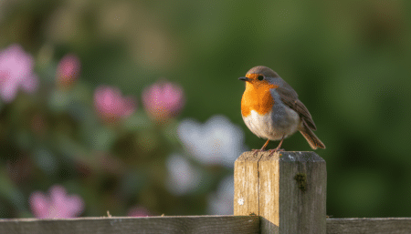 Rouge-gorge perché sur une clôture de jardin au printemps