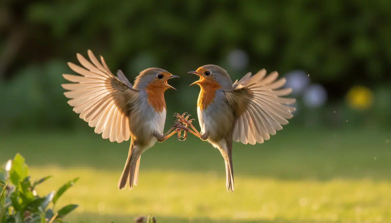 Deux rouges-gorges en plein combat territorial en vol