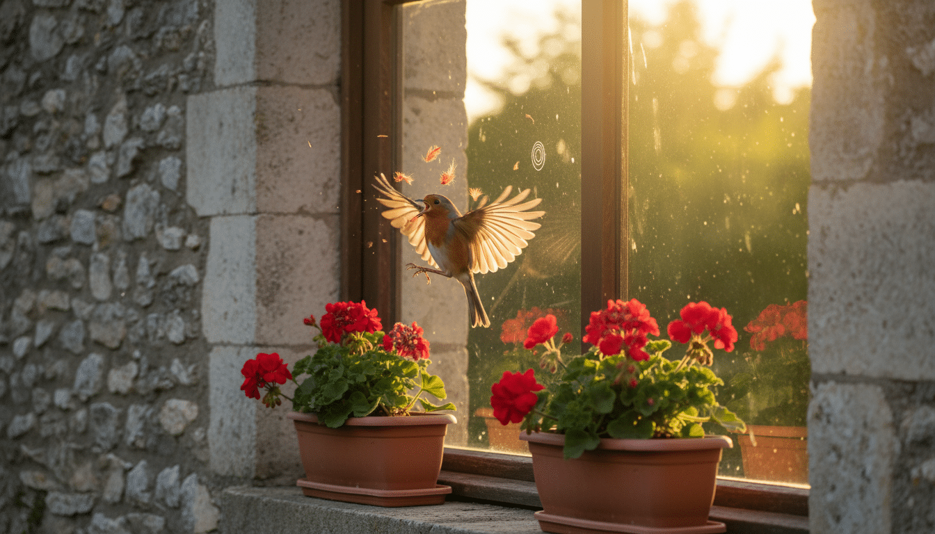 Rouge-gorge attaquant son reflet dans une baie vitrée