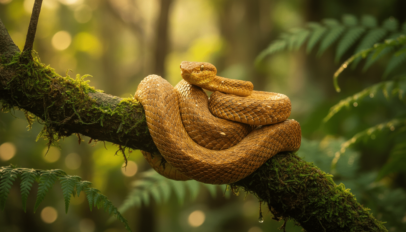 Vipère à tête de lance dorée sur une branche tropicale
