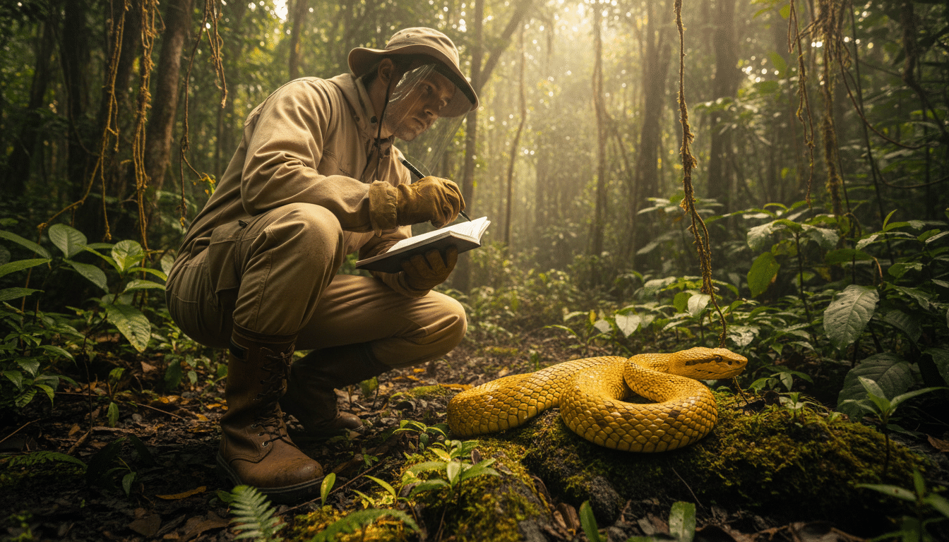 Scientifique observant une vipère sur l'île interdite
