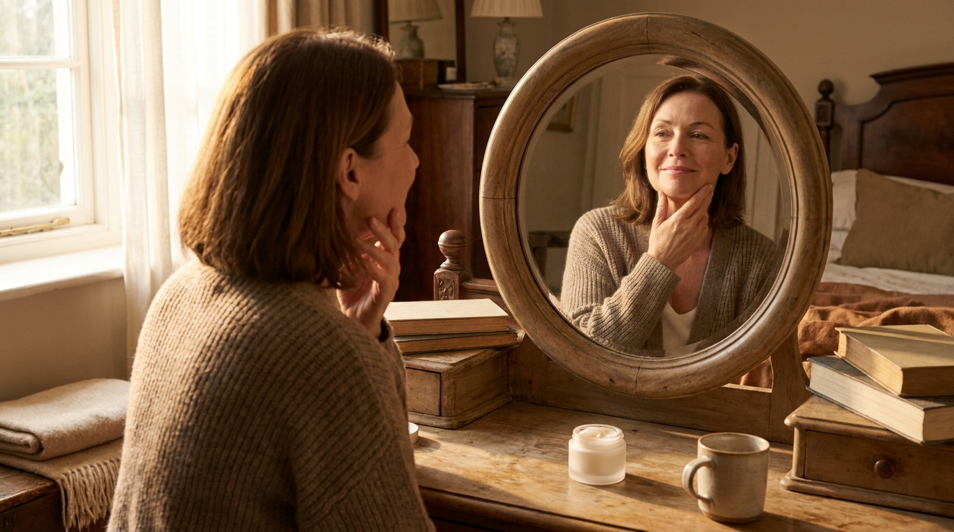 Femme souriante admirant sa peau devant un miroir