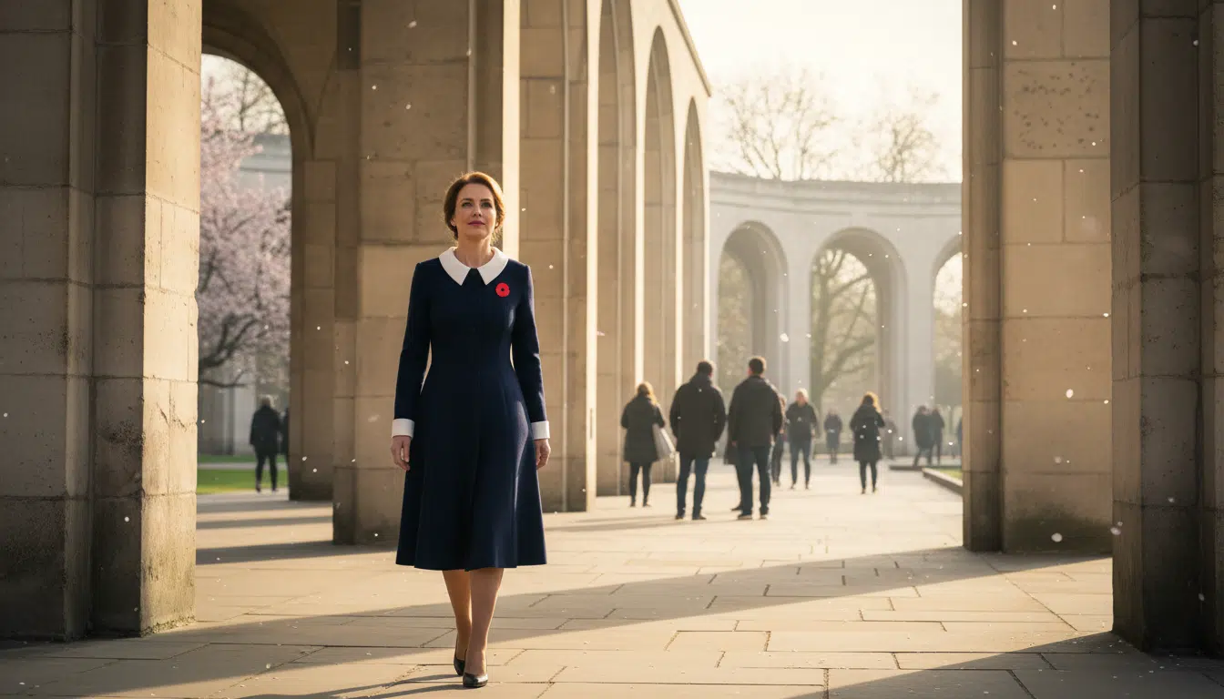 Kate Middleton en robe-manteau bleu marine lors de l'Anzac Day