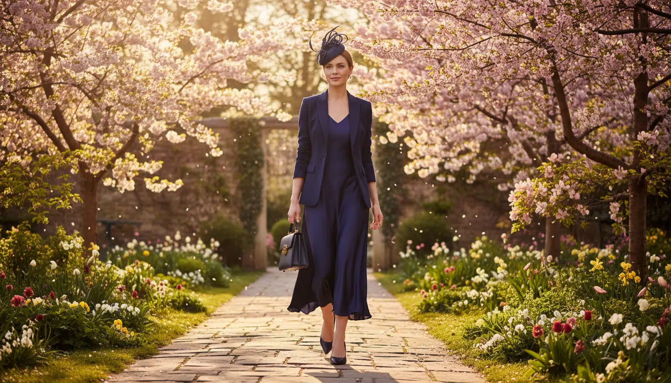 Silhouette élégante en bleu marine avec sac et escarpins assortis au printemps