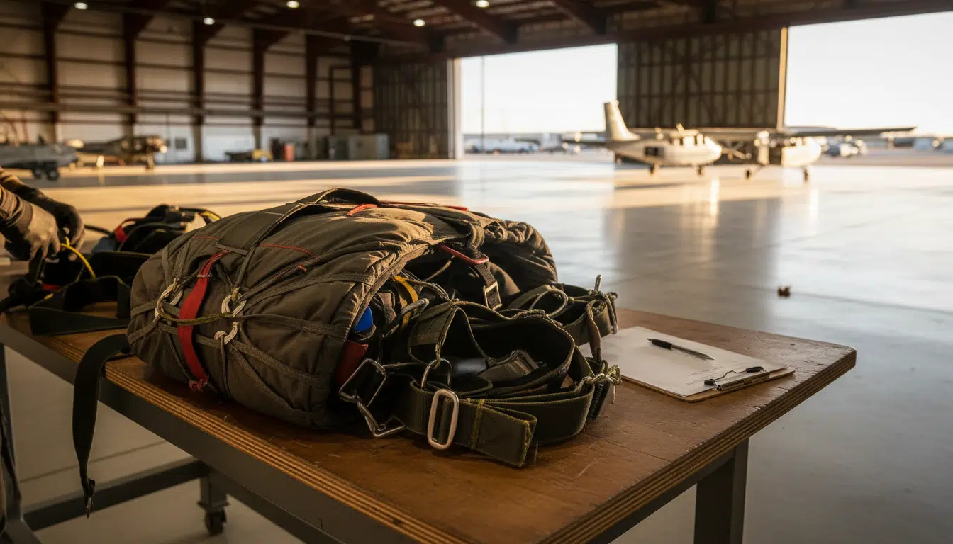Équipement de parachutisme posé dans un hangar après un accident