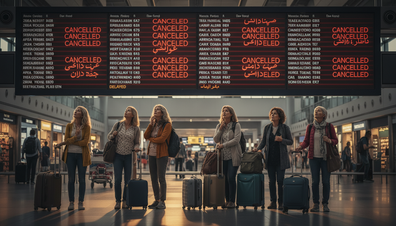 Tableau d'affichage d'aéroport avec vols annulés et passagers inquiets