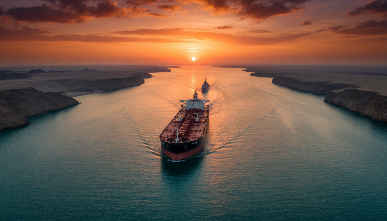 Pétrolier dans le détroit d'Ormuz au coucher du soleil