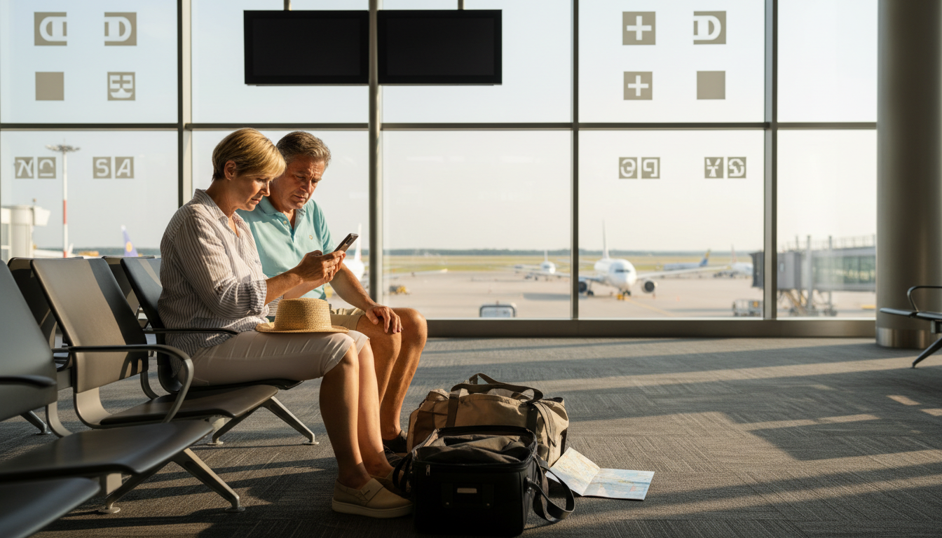 Couple français inquiet attendant dans un aéroport avec avions cloués au sol