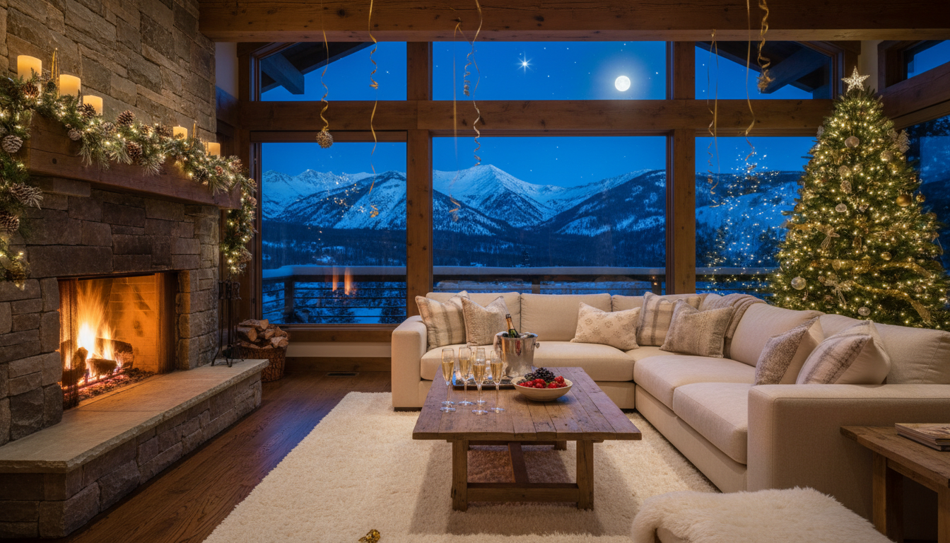 Chalet enneigé à Aspen lors d'une soirée du Nouvel An