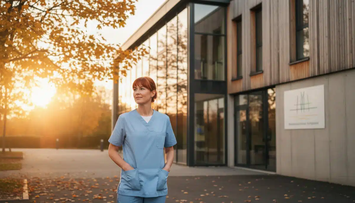 Kinésithérapeute devant une clinique de soins de suite