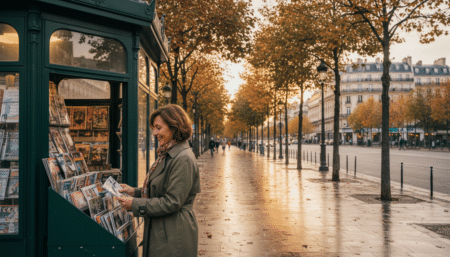 Kiosque à journaux vert parisien sur un boulevard haussmannien