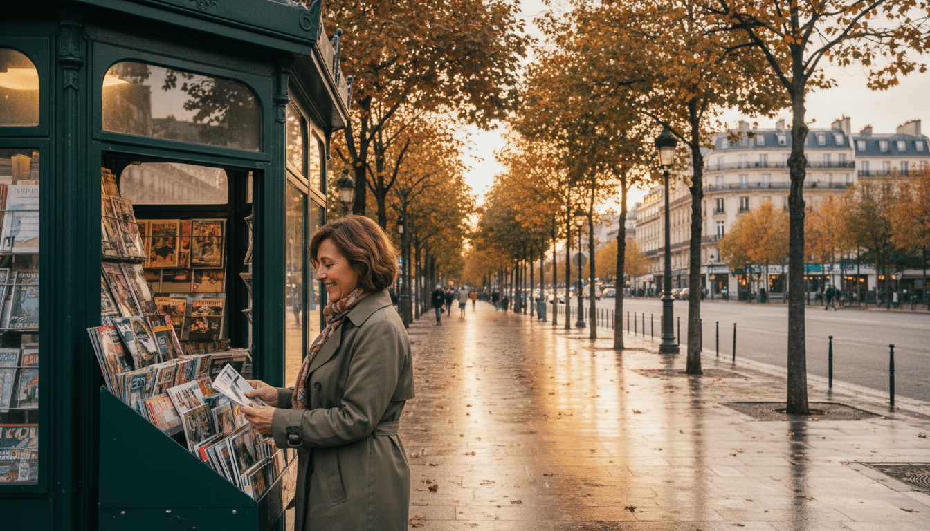 Kiosque à journaux vert parisien sur un boulevard haussmannien